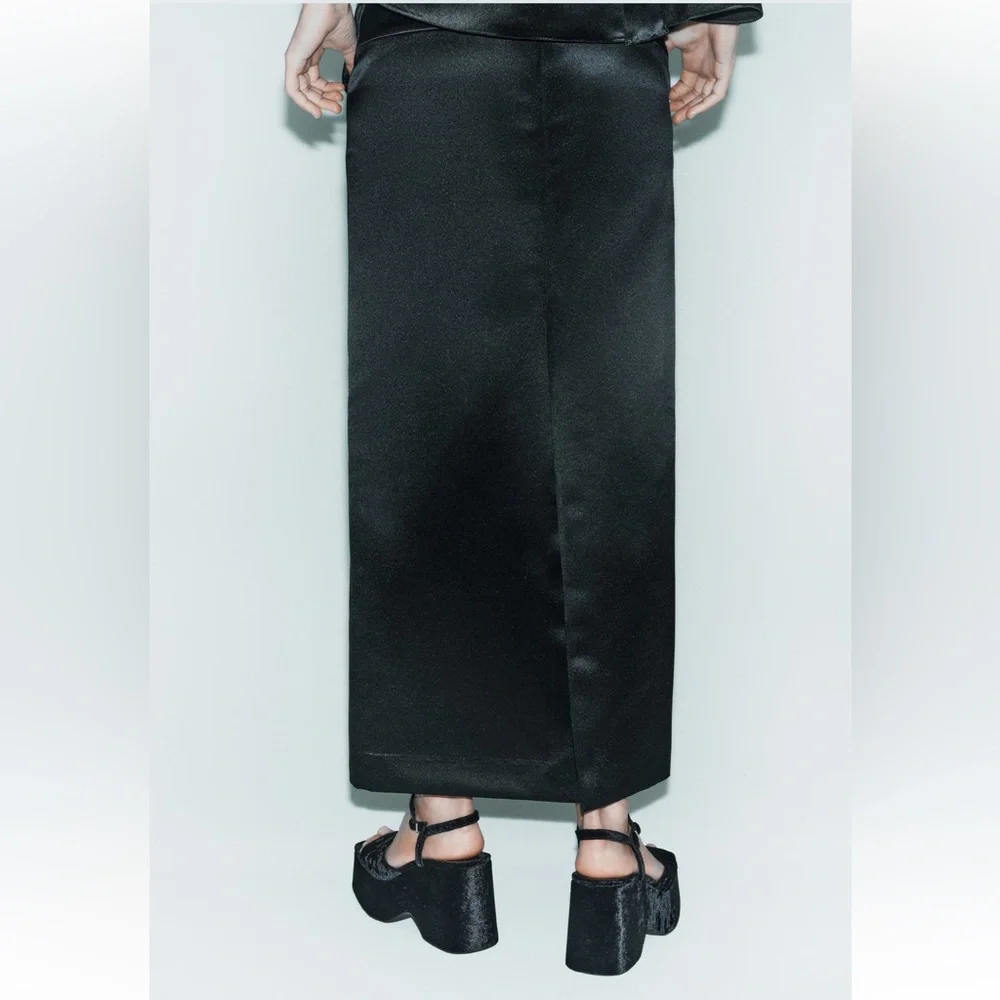 Zara Black Satin Effect high waist Midi Skirt Back Slit Limited Edition XS NWT